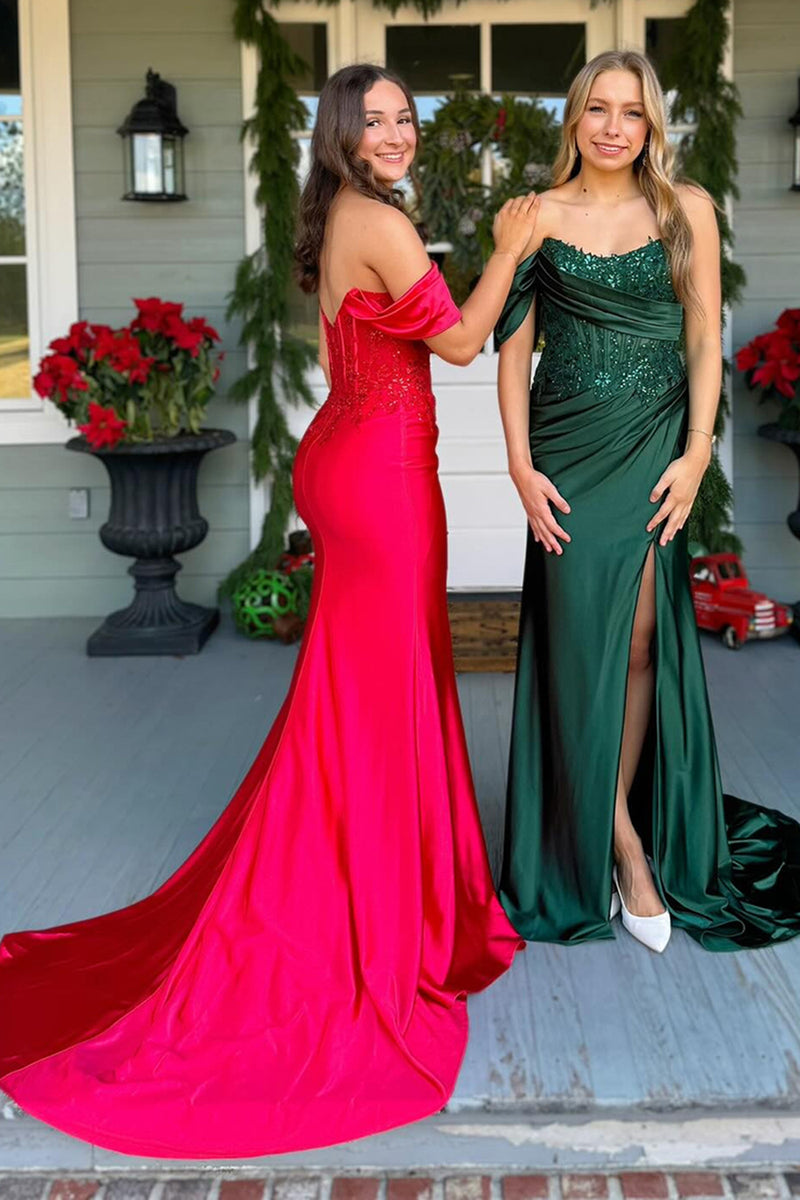 Load image into Gallery viewer, Sparkly Dark Green Corset Mermaid Long Prom Dress with Slit
