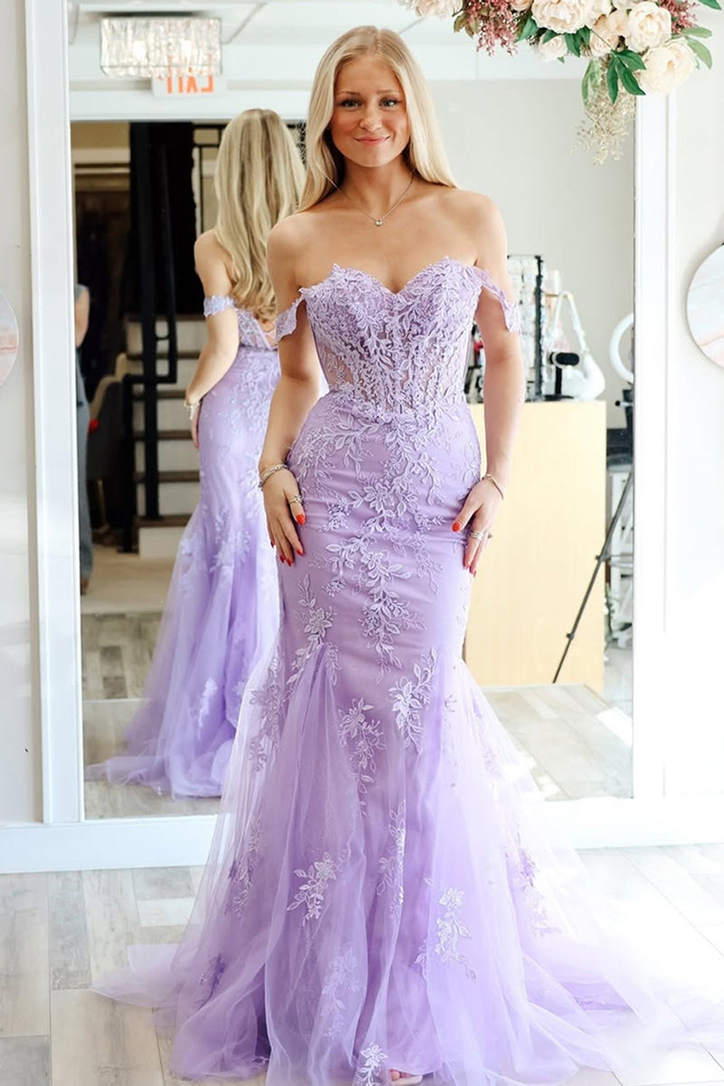 Load image into Gallery viewer, Lilac Tulle Mermaid Off the Shoulder Long Prom Dress with Appliques