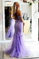 Load image into Gallery viewer, Lilac Tulle Mermaid Off the Shoulder Long Prom Dress with Appliques