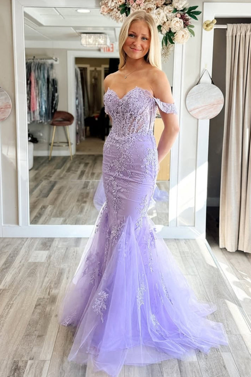 Load image into Gallery viewer, Lilac Tulle Mermaid Off the Shoulder Long Prom Dress with Appliques