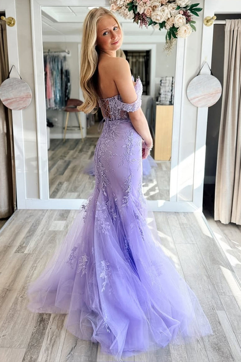 Load image into Gallery viewer, Lilac Tulle Mermaid Off the Shoulder Long Prom Dress with Appliques