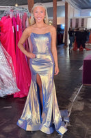 Load image into Gallery viewer, Blue Golden Metallic Corset Mermaid Long Prom Dress with Slit