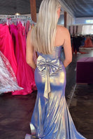 Load image into Gallery viewer, Blue Golden Metallic Corset Mermaid Long Prom Dress with Slit