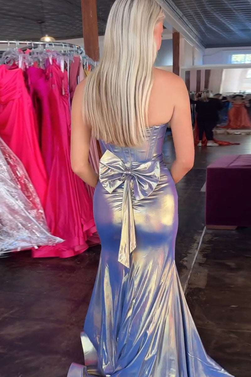 Load image into Gallery viewer, Blue Golden Metallic Corset Mermaid Long Prom Dress with Slit