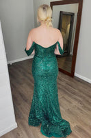 Load image into Gallery viewer, Sparkly Dark Green Sequin Mermaid Long Prom Dress with Slit