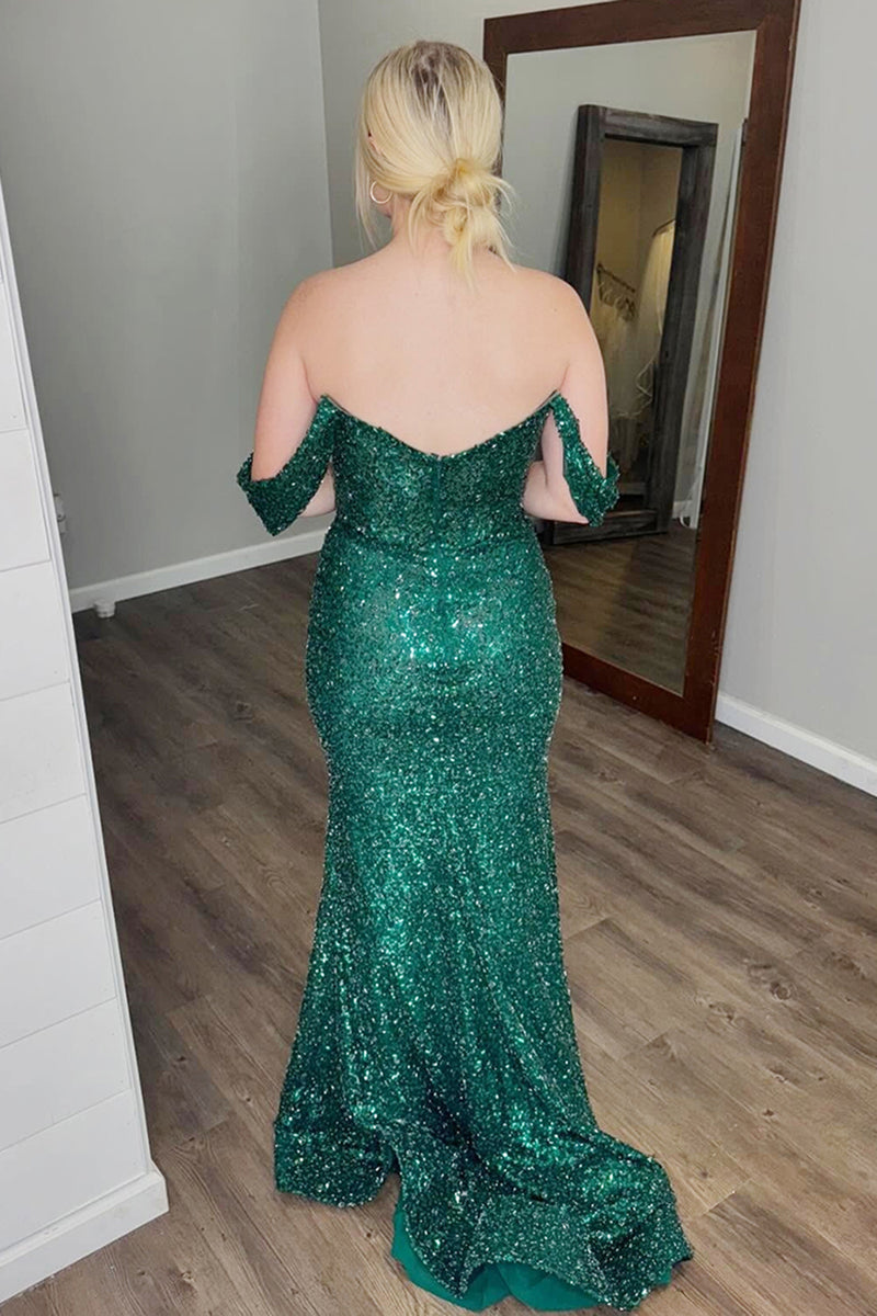 Load image into Gallery viewer, Sparkly Dark Green Sequin Mermaid Long Prom Dress with Slit