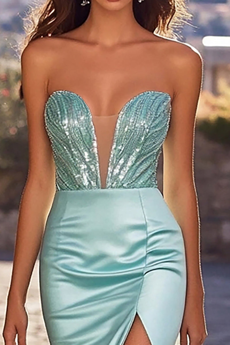 Load image into Gallery viewer, Sparkly Blue Corset Strapless Satin Long Prom Dress with Slit