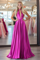 Load image into Gallery viewer, Fuchsia A Line Halter Pleated Floor Length Prom Dress