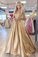 Load image into Gallery viewer, Sparkly Gold Ball Gown Corset Satin Prom Dress with Beading