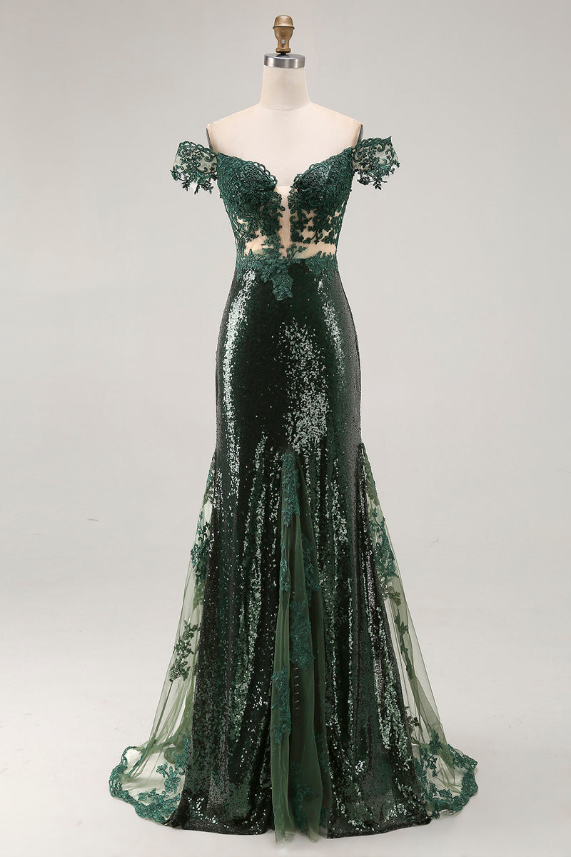 Load image into Gallery viewer, Sparkly Off the Shoulder Dark Green Mermaid Sequin Prom Dress