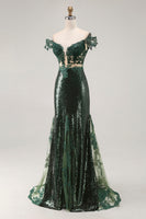 Load image into Gallery viewer, Sparkly Off the Shoulder Dark Green Mermaid Sequin Prom Dress