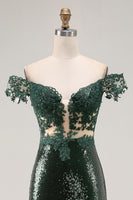 Load image into Gallery viewer, Sparkly Off the Shoulder Dark Green Mermaid Sequin Prom Dress