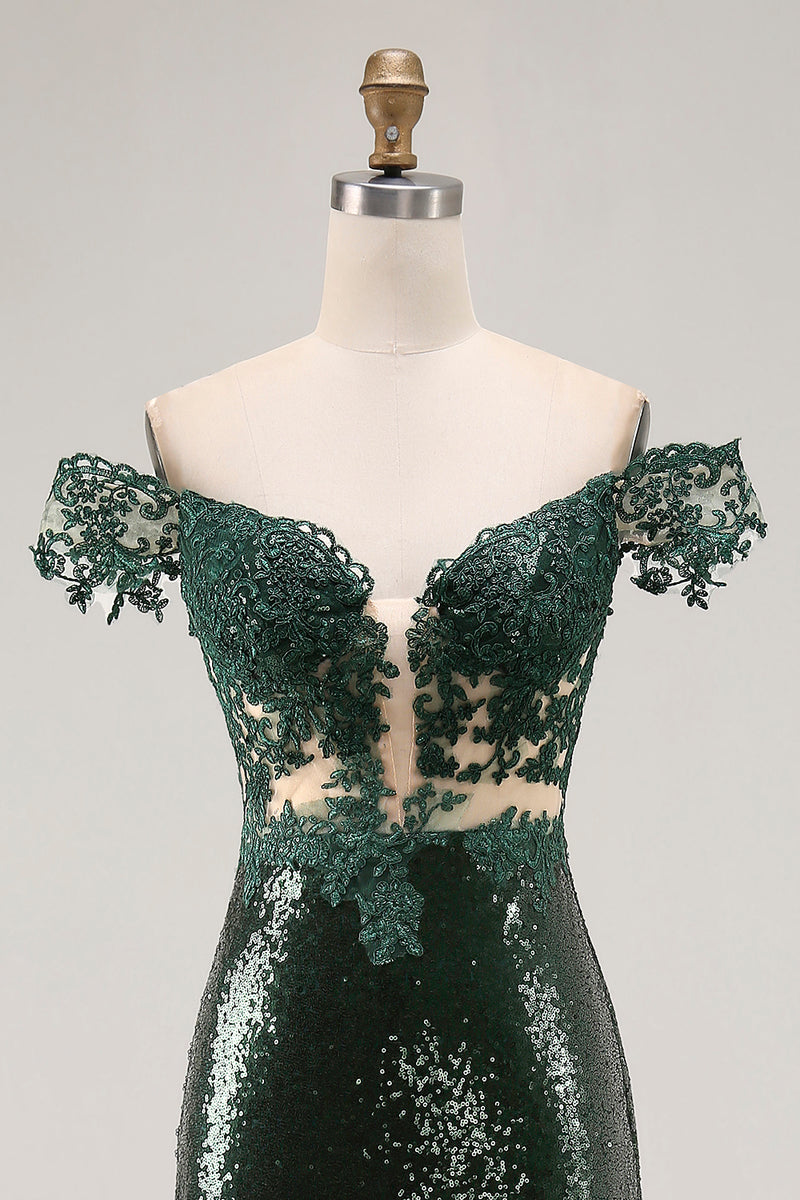Load image into Gallery viewer, Sparkly Off the Shoulder Dark Green Mermaid Sequin Prom Dress