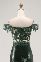 Load image into Gallery viewer, Sparkly Off the Shoulder Dark Green Mermaid Sequin Prom Dress