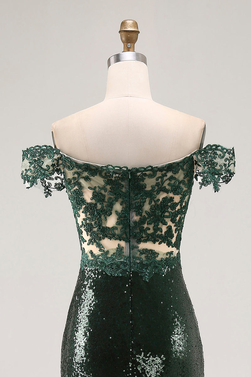 Load image into Gallery viewer, Sparkly Off the Shoulder Dark Green Mermaid Sequin Prom Dress