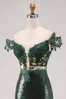 Load image into Gallery viewer, Sparkly Off the Shoulder Dark Green Mermaid Sequin Prom Dress