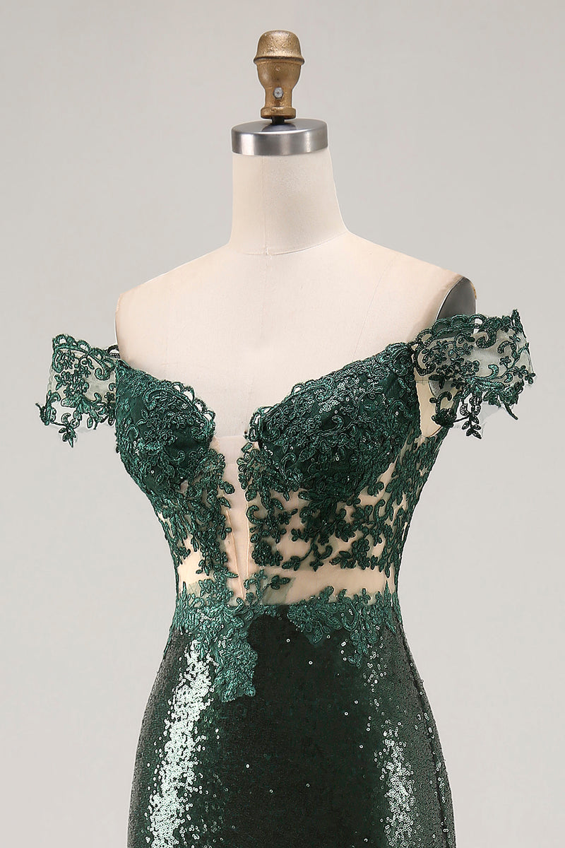 Load image into Gallery viewer, Sparkly Off the Shoulder Dark Green Mermaid Sequin Prom Dress