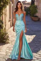 Load image into Gallery viewer, Blue Sweetheart Mermaid Satin Prom Dress with Slit
