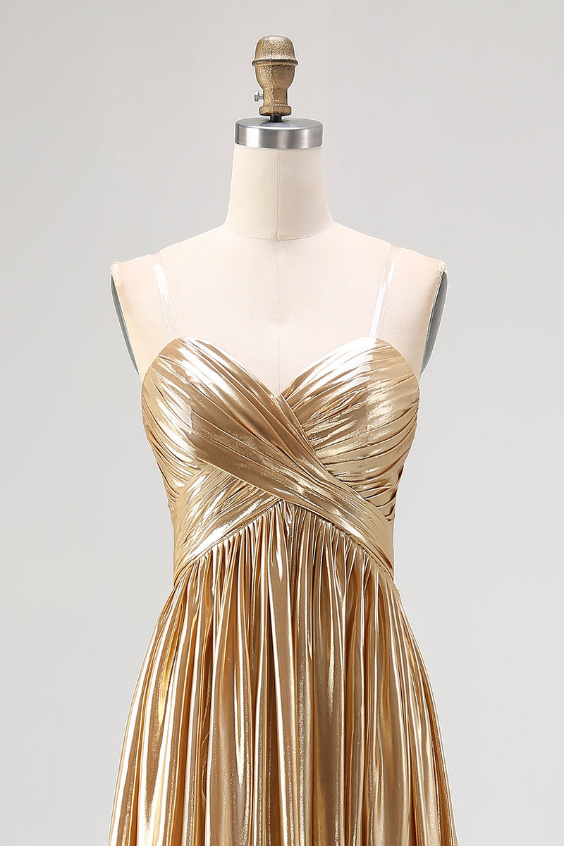 Load image into Gallery viewer, Gold Pleated Metallic Strapless A Line Long Prom Dress