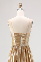 Load image into Gallery viewer, Gold Pleated Metallic Strapless A Line Long Prom Dress