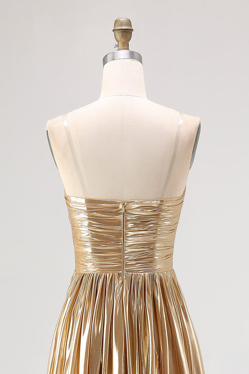 Load image into Gallery viewer, Gold Pleated Metallic Strapless A Line Long Prom Dress