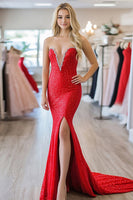 Load image into Gallery viewer, Red Sequins Strapless Sheath Maxi Prom Dress with Slit