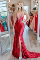 Load image into Gallery viewer, Sparkly Red Deep V Neck Sequins Sheath Prom Dress with Slit