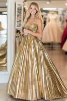 Load image into Gallery viewer, Metallic Satin Gold Sweetheart Pleated Maxi Prom Dress