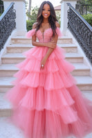 Load image into Gallery viewer, Women Coral Ruffled Appliqued Floor Length Prom Dress with Beading Off The Shoulder A Line Sweet 16 Dress