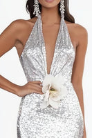 Load image into Gallery viewer, Sparkly Silver Sheath Halter Prom Dress with 3D Flowers