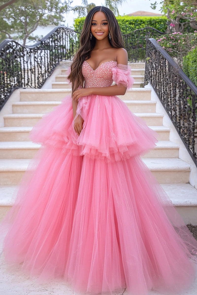 Load image into Gallery viewer, Women Coral Tulle A Line Ruffled Prom Dress Off The Shoulder Appliqued Sweet 16 Dress