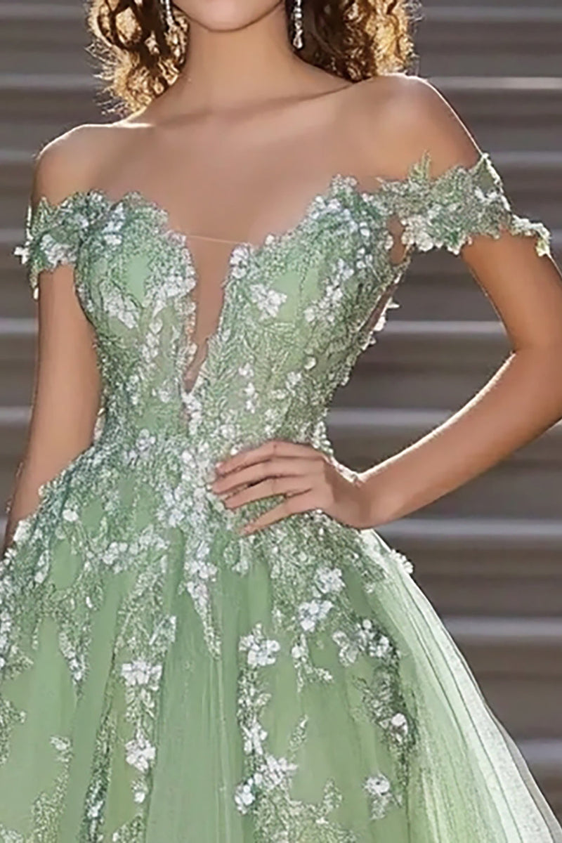 Load image into Gallery viewer, Sage A Line Off The Shoulder Tulle Prom Dress with Appliques