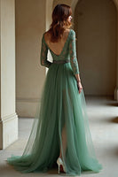 Load image into Gallery viewer, Agave V-Neck Tulle Applique A Line Prom Dress with Slit