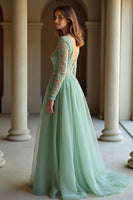Load image into Gallery viewer, Sage V-Neck Applique Long Sleeves A Line Prom Dress