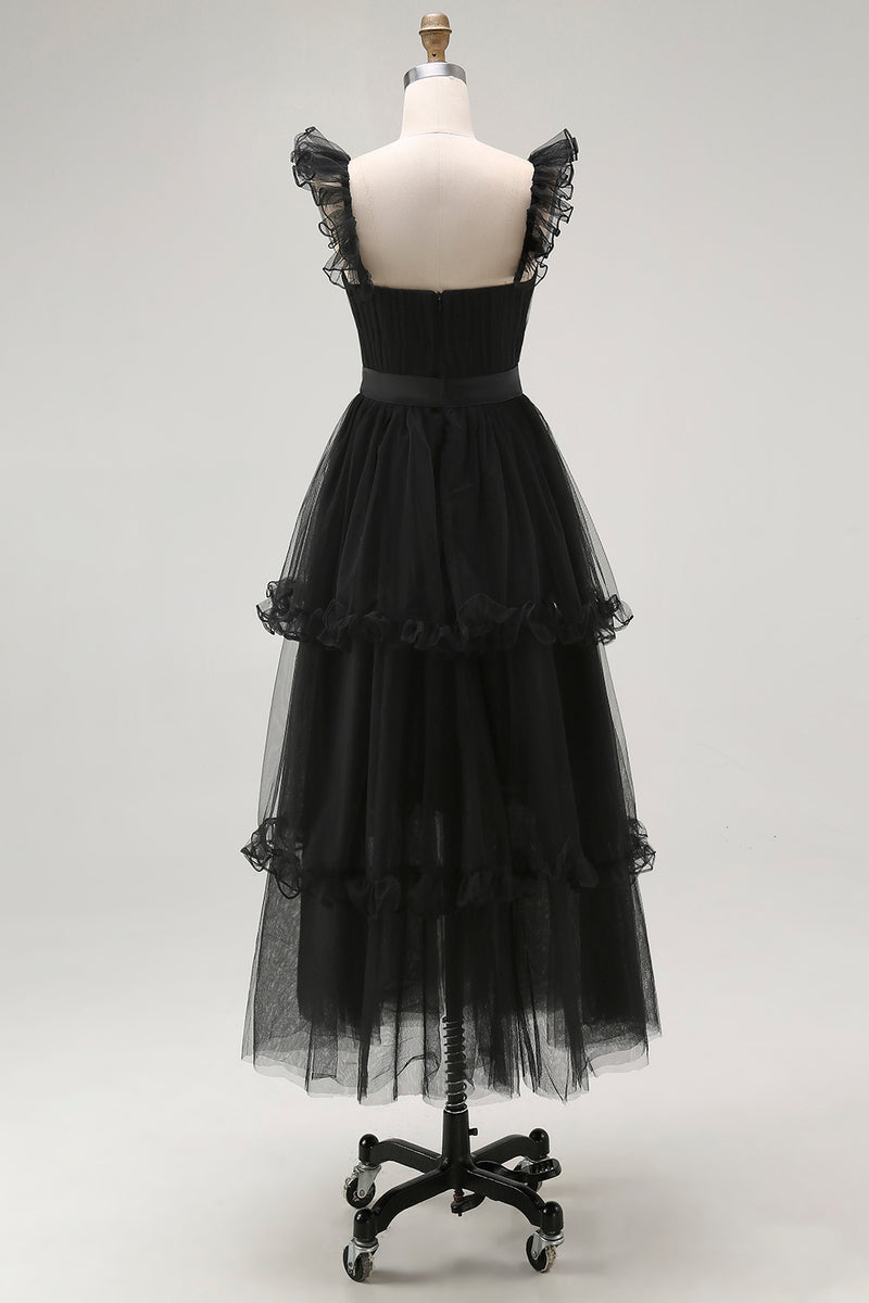Load image into Gallery viewer, Black Tulle A Line Square Neck Tiered Tea Length Formal Dress