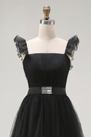 Load image into Gallery viewer, Black A Line Square Neck Tulle Tiered Tea Length Formal Dress