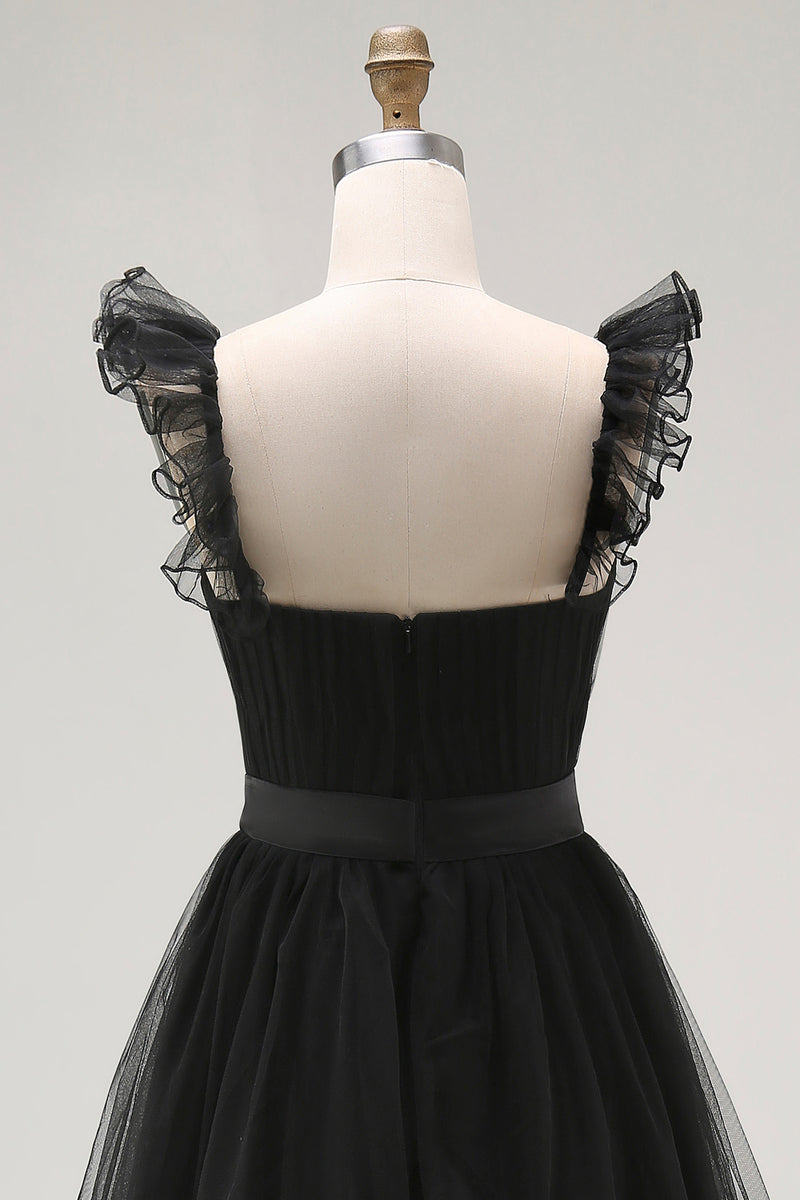 Load image into Gallery viewer, Black A Line Square Neck Tulle Tiered Tea Length Formal Dress