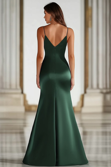 Dark Green Stretch Satin Spaghetti Straps Long Formal Dress