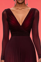 Load image into Gallery viewer, Burgundy V-Neck A Line Formal Dress with Long Sleeves