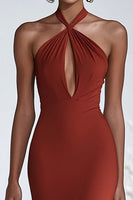 Load image into Gallery viewer, Terracotta Sheath Halter Chiffon Long Formal Dress with Slit