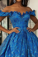 Load image into Gallery viewer, Royal Blue Ball Gown Floral Off the Shoulder Long Prom Dress