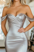 Load image into Gallery viewer, Silver Off the Shoulder Satin Long Prom Dress with Slit