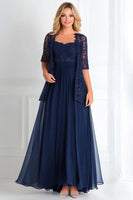 Load image into Gallery viewer, Navy 2 Piece A Line Mother of the Bride Dress with Lace Jacket