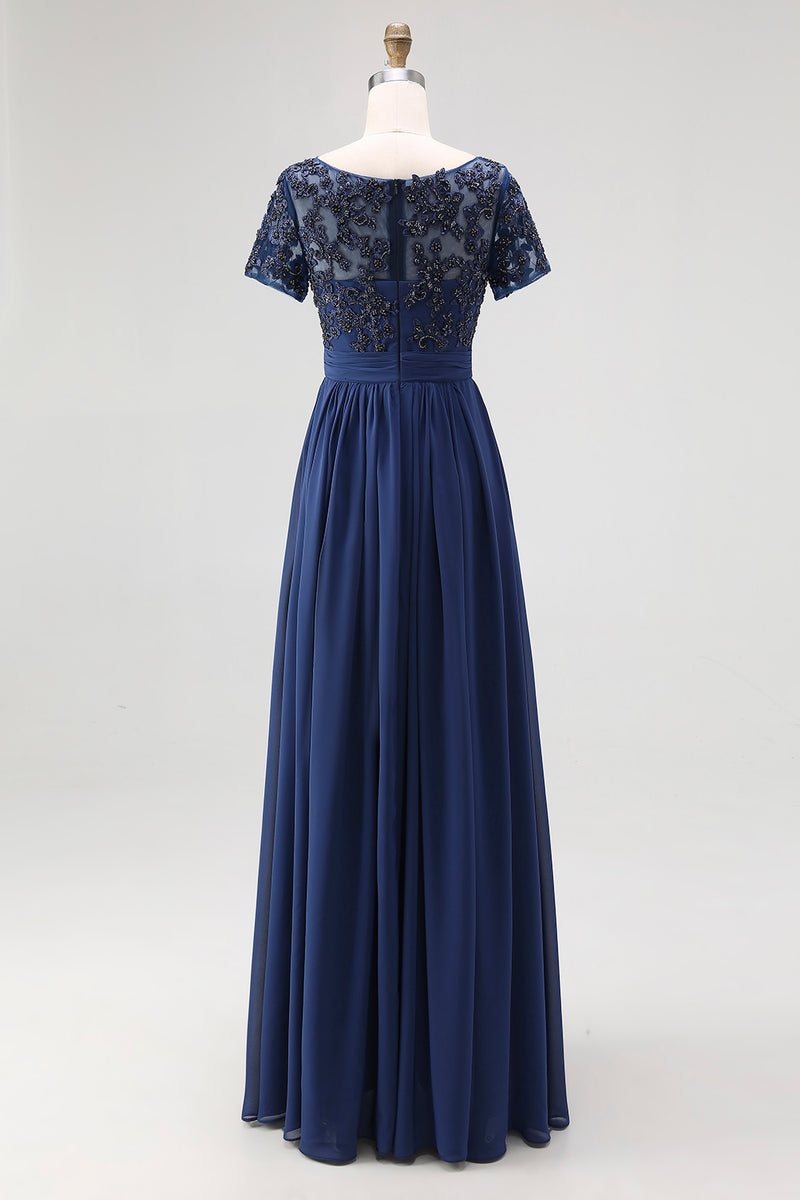 Load image into Gallery viewer, Navy Chiffon A Line Mother of the Bride Dress with Short Sleeves