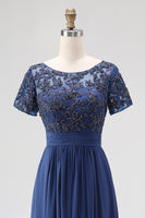 Load image into Gallery viewer, Navy Chiffon A Line Mother of the Bride Dress with Short Sleeves