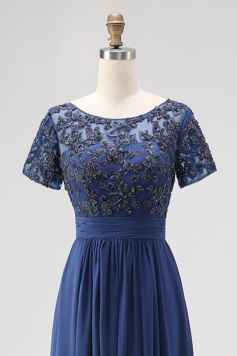 Load image into Gallery viewer, Navy Chiffon A Line Mother of the Bride Dress with Short Sleeves