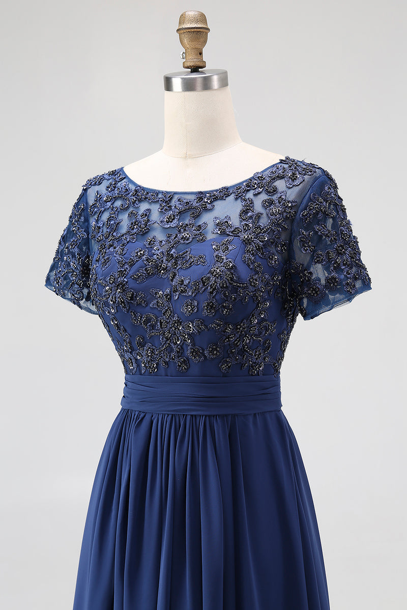 Load image into Gallery viewer, Navy Chiffon A Line Mother of the Bride Dress with Short Sleeves
