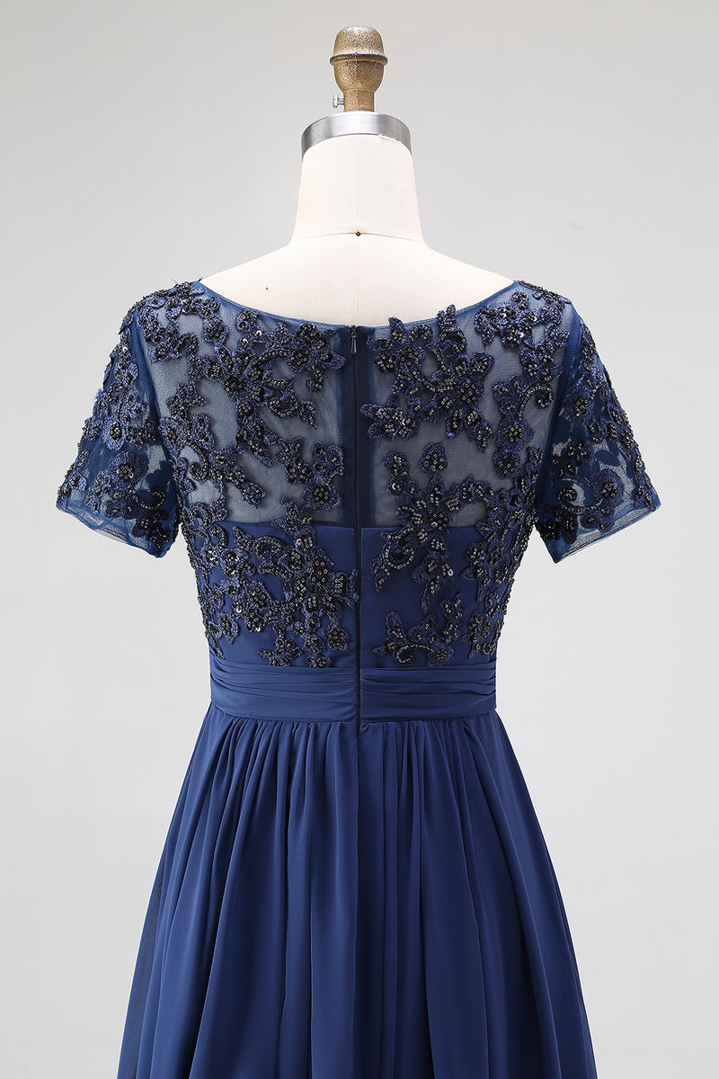 Load image into Gallery viewer, Navy Chiffon A Line Mother of the Bride Dress with Short Sleeves