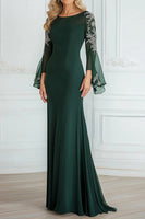 Load image into Gallery viewer, Dark Green Chiffon Scoop Neck A Line Lace Mother of the Bride Dress with Long Sleeves