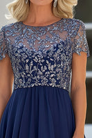 Load image into Gallery viewer, Navy Scoop Neck Tulle Mother of the Bride Dress with Short Sleeves